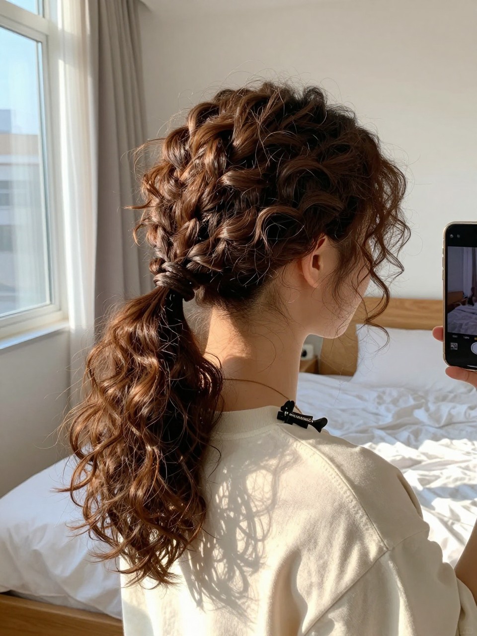 Photo of a woman wearing a curly ponytail with braided detail, back-of-head view showing the braid wrapped at the base, setting is a sun-drenched bedroom with natural window light, containing a small hair clip clipped to her collar, iPhone photo quality.