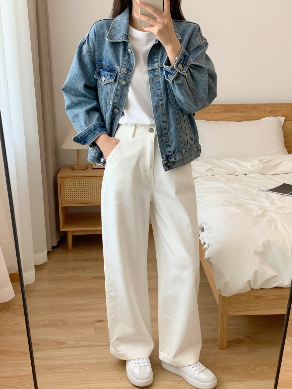 iPhone mirror selfie of a woman in a light denim jacket over a white tee with white wide leg pants and white sneakers, one hand in pocket, cropped at NECK so face doesn't show, in a bright feminine-themed bedroom, warm moody lighting, iPhone photo quality.