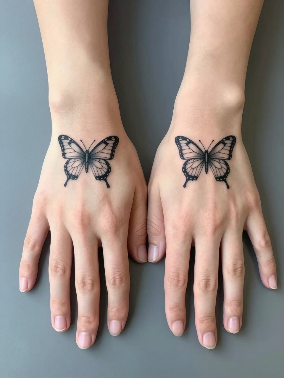 "Shot of two hands placed together, palms down, showing two identical fine-line butterfly tattoos perfectly aligned on each back hand. The hands rest on a reflective, calm surface. Emphasis on symmetry."
