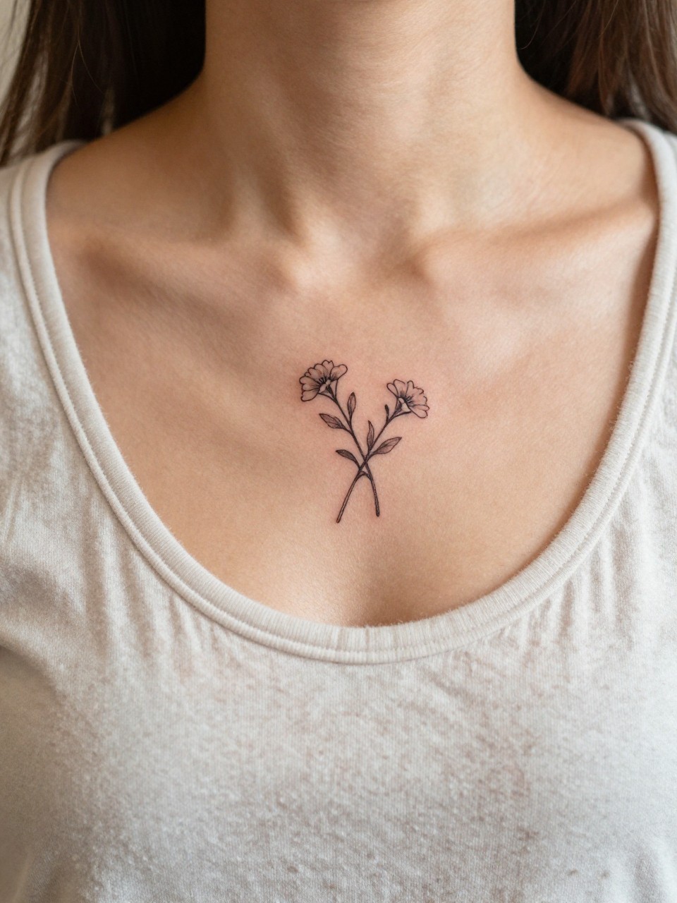  "Close-up of a fine-line tattoo of two crossed flower stems on the middle chest. The tiny blossoms at the top are the sharp focus. She is wearing a soft, vintage band t-shirt. Warm, natural light, creating a relaxed and cheerful vibe."