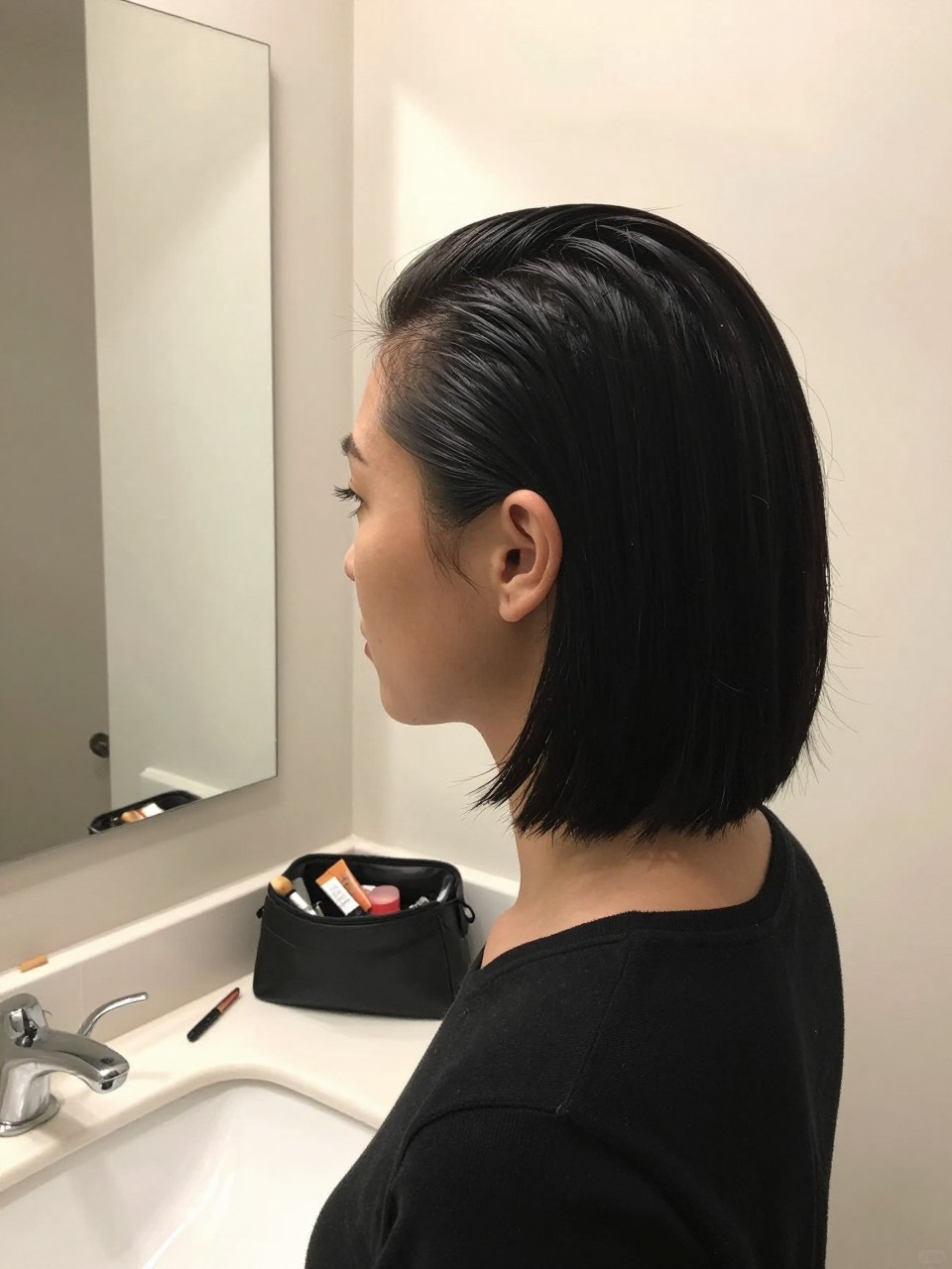 Photo of a woman wearing a slick back short bob with a clean middle part and both sides combed back, side profile view, setting in a bathroom vanity mirror, lighting soft indoor lighting, containing a small lived-in detail such as a small edge brush on the counter and a makeup bag nearby, latest iPhone photo quality.