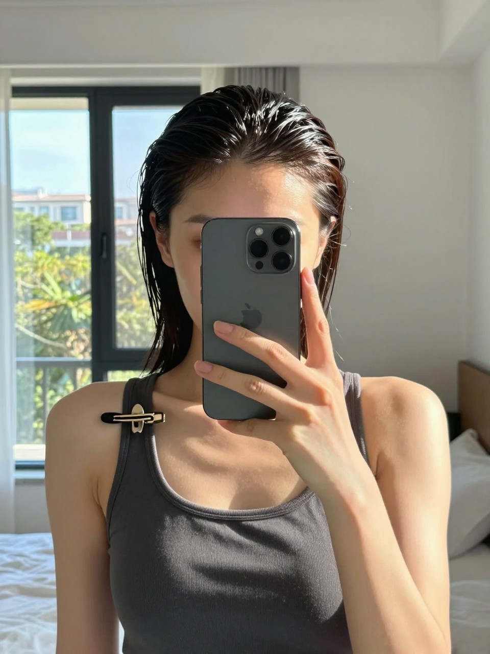 Photo of a woman wearing a slicked pineapple, front-facing mirror selfie showing the height and rounded shape, setting is a sun-drenched bedroom with natural window light, containing a hair clip clipped to her collar, iPhone photo quality.