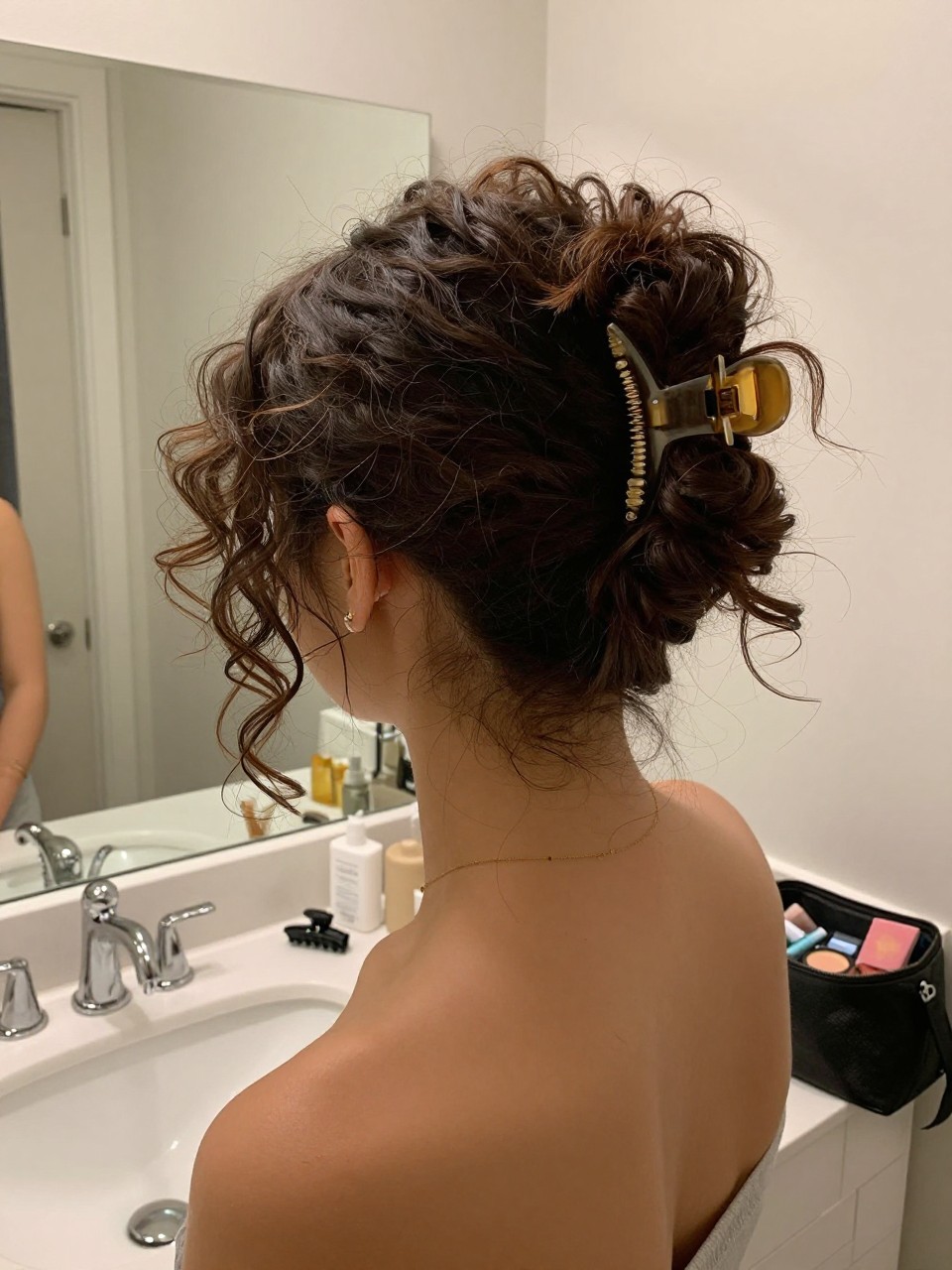 Photo of a woman wearing a curly updo held with a claw clip twist, back-of-head view to show clip and curls, setting in a bathroom vanity mirror, lighting soft indoor lighting, containing a small lived-in detail such as a claw clip on the counter and a makeup bag nearby, latest iPhone photo quality.