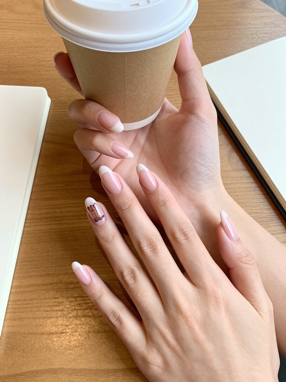 90-degree overhead top-down view of two feminine black hands with almond medium nails.
The manicure features a pastel pink base with a small cowboy boot illustration on one accent nail.
Include glossy gel finish.

Hands are posed one hand lightly holding a small coffee cup.

Scene set on a wooden café table with a notebook nearby.

Bright natural daylight with soft shadows, hyper-realistic lifestyle photography, sharp focus on nails, natural skin texture, realistic hands, no extra fingers.