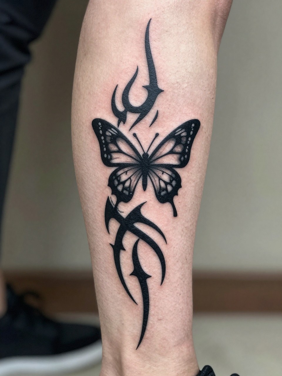 "Close-up of a calf tattoo: a solid black tribal pattern that seamlessly incorporates a butterfly silhouette within its flowing forms. Wraps fully around the leg."