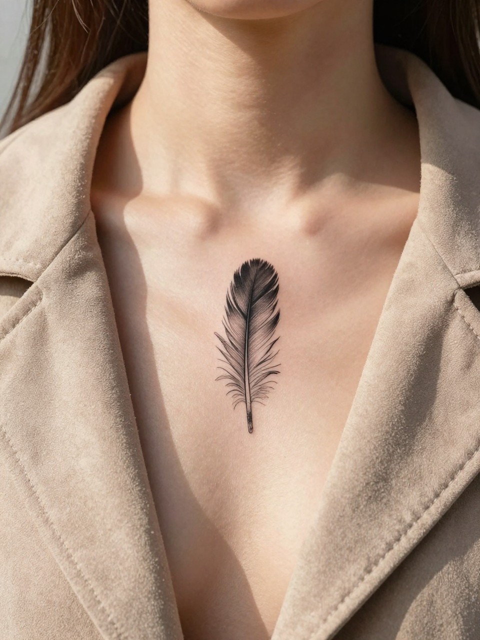 "Close-up of a single, long feather tattoo in black ink on the middle chest. The delicate barbs and the flow of the feather are the focus. She is wearing a soft, suede jacket that is open. Bright, sunny daylight, with a simple, airy background."
