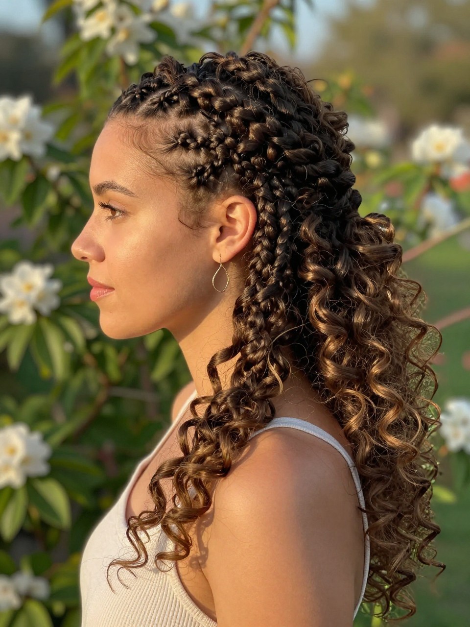 Photo of a white american woman wearing a crown braid with loose curls cascading down, side profile view, setting is a garden with blooming flowers, lighting is golden hour, containing delicate gold earrings, iPhone photo quality.