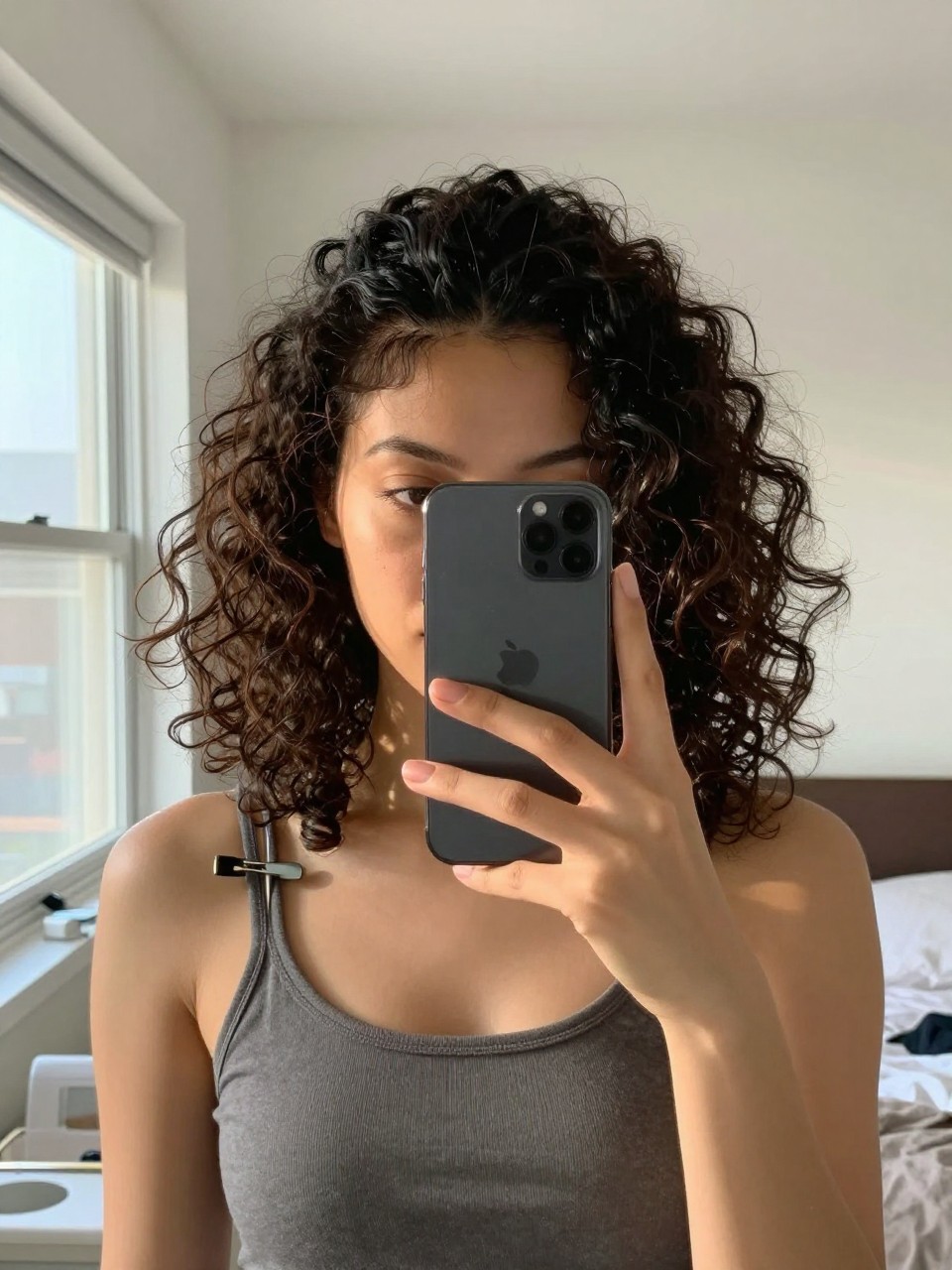 Photo of a woman wearing a wash-and-go with root volume, front-facing mirror selfie showing lifted roots and defined curls, setting is a sun-drenched bedroom with natural window light, containing a hair clip clipped to her collar, iPhone photo quality.
