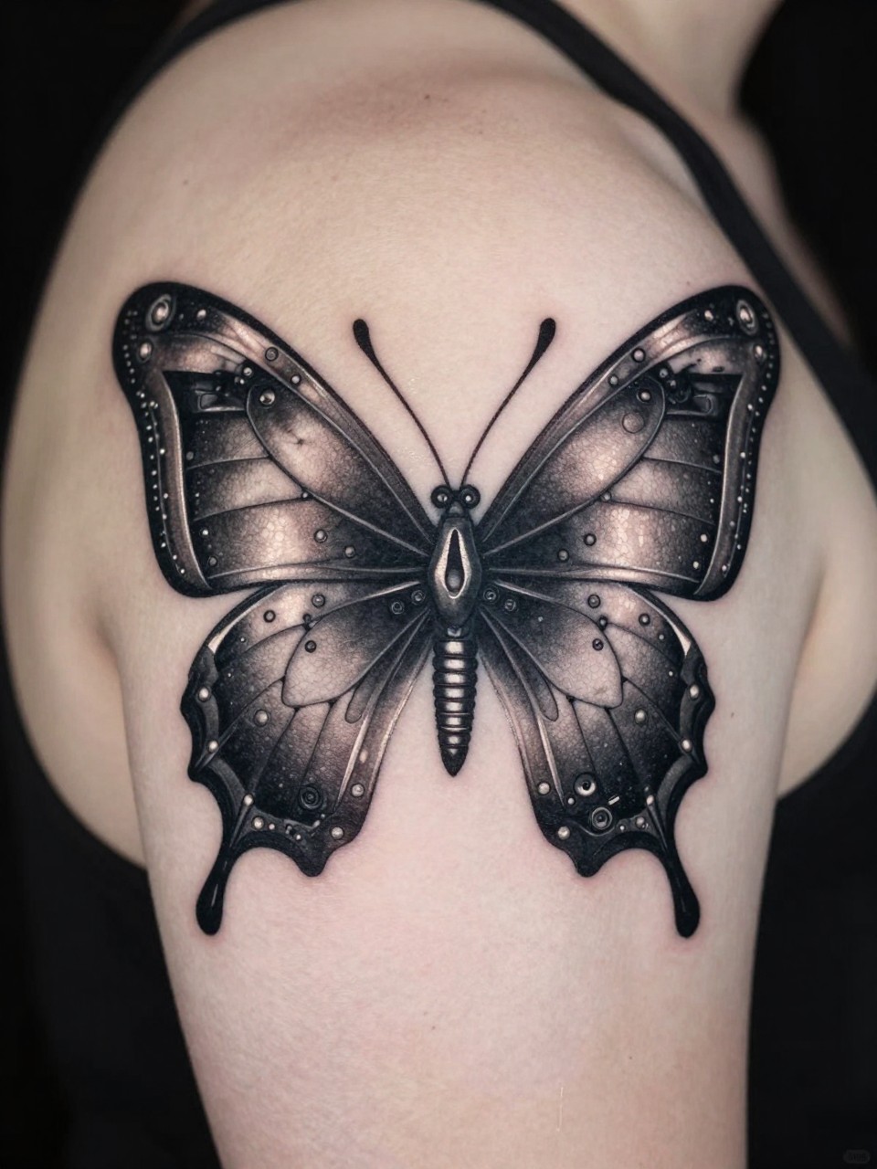  "Detailed view of a shoulder tattoo: a butterfly with metallic armor segments, rivets, and exposed mechanical details. Rendered in stark black and grey with chrome highlights."