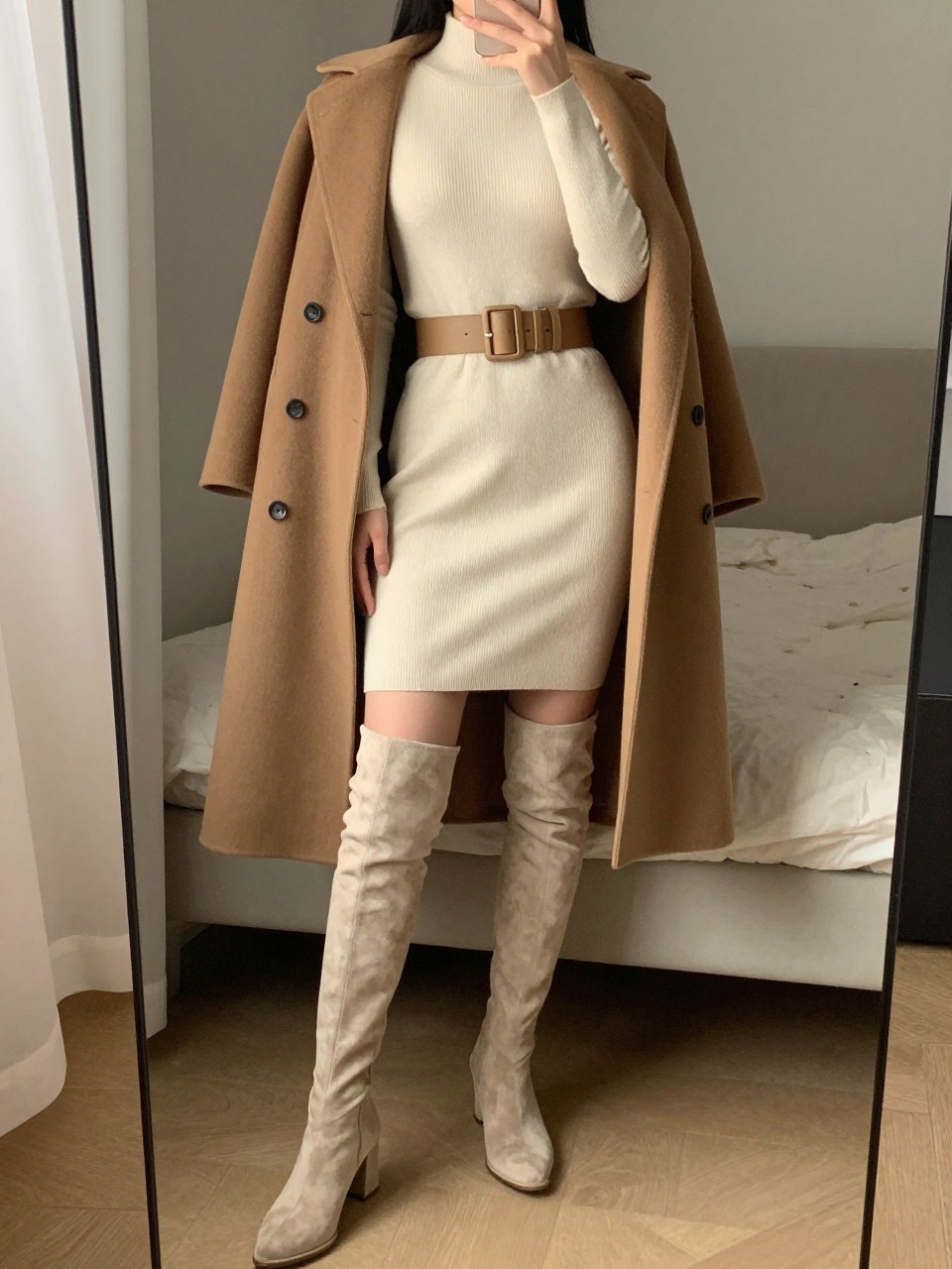 iPhone mirror selfie of a woman wearing a cream fitted sweater dress with matching cream suede over-the-knee block heel boots and a wide tan belt at her waist, a long camel coat visible, posed with one hand on the belt, cropped at NECK so face doesn't show, in a feminine-themed bedroom, warm moody lighting, iPhone photo quality.