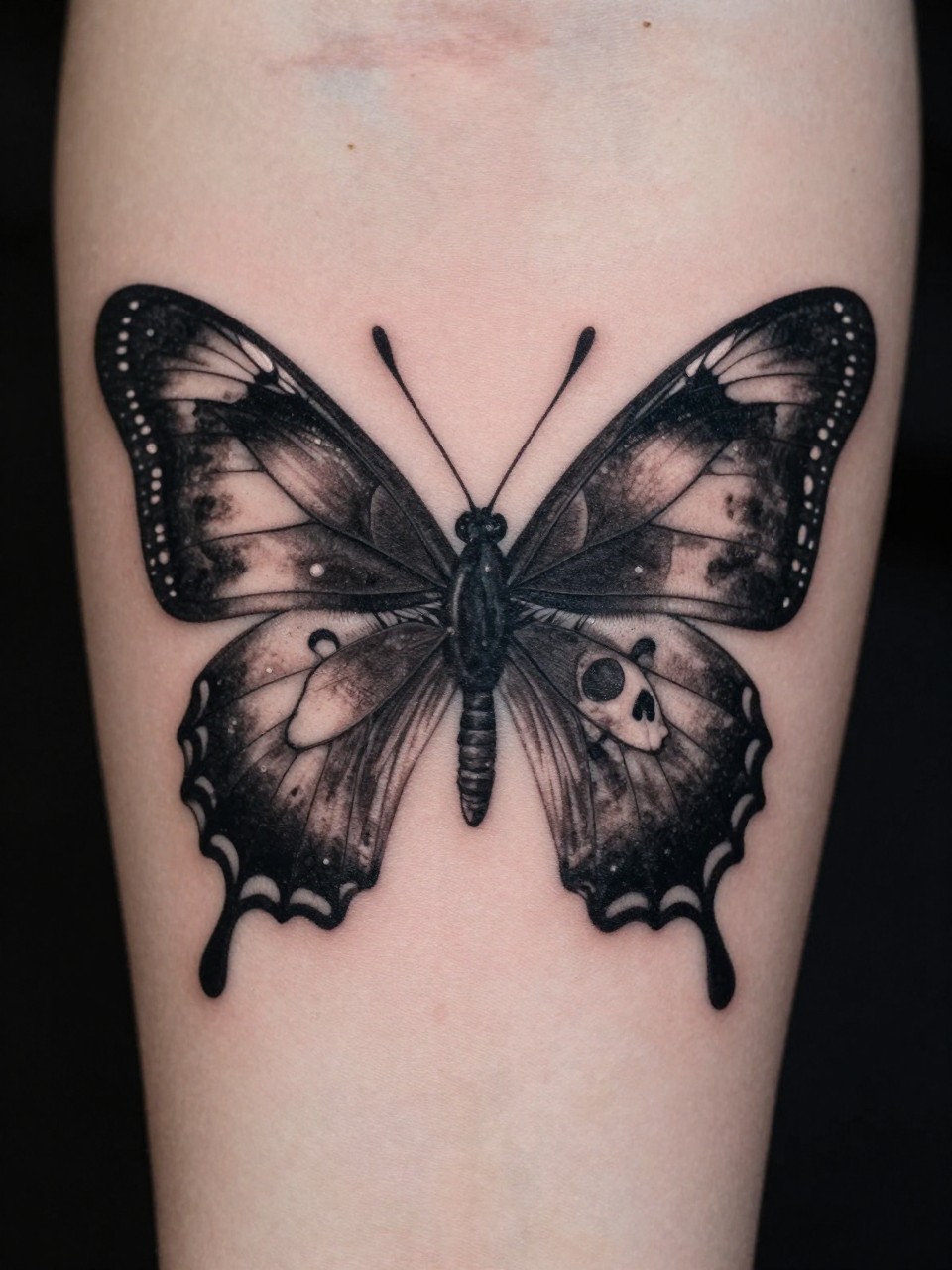  "Macro shot of a bicep tattoo: a black and grey butterfly where negative space and shading in the wings reveal a skull. High-contrast, realistic, and intricately detailed."