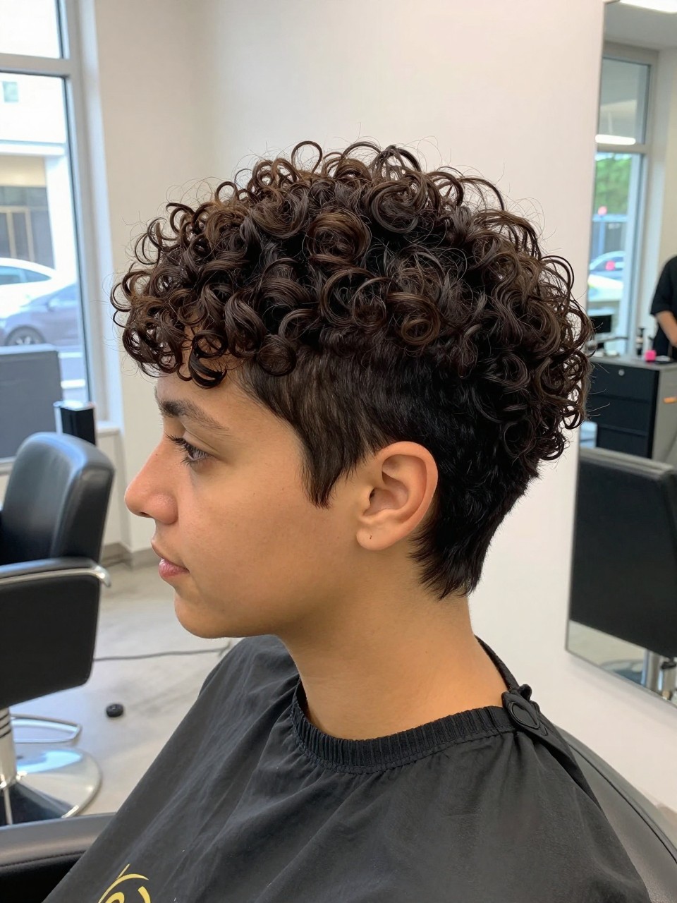 Photo of a biracial woman wearing an ultra short curly taper pixie with neatly shaped sides and defined curls on top, with the haircut fully visible and clearly defined, shot from a three-quarter angle, in a bright salon interior, with natural window light, showing the haircut shape, layers, ends, bangs, and texture clearly, including a clipped-back section of hair, latest iPhone photo quality.
