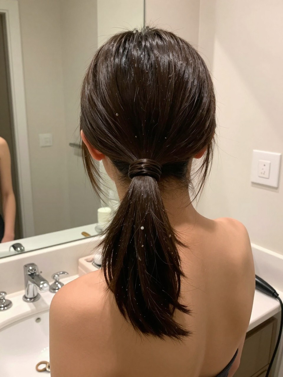 Photo of a woman wearing slicked back short hair with a bubble mini ponytail at the back, back-of-head view, setting in a bathroom vanity mirror, lighting soft indoor lighting, containing a small lived-in detail such as mini elastics on the counter and a curling iron nearby, latest iPhone photo quality.