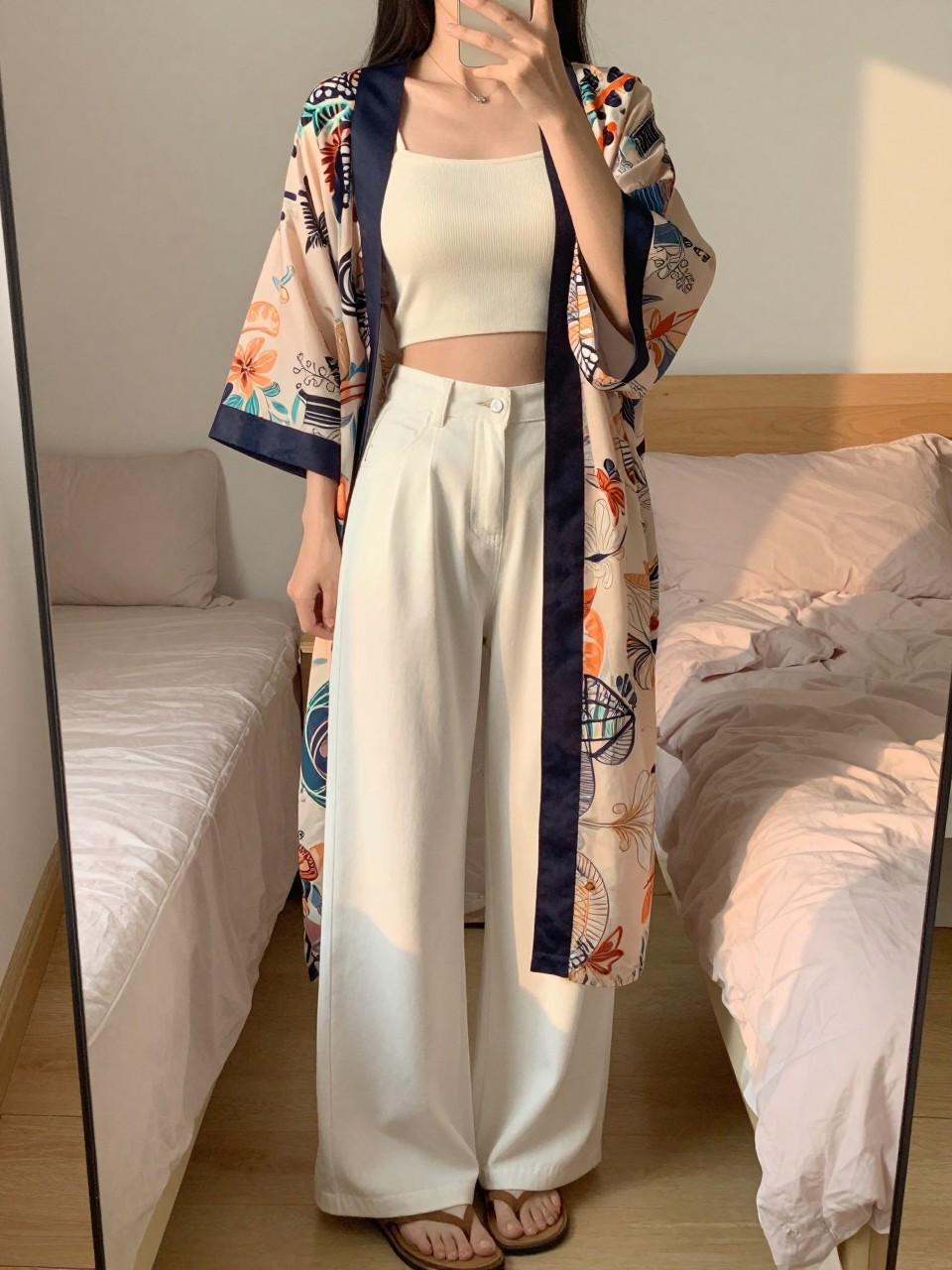 iPhone mirror selfie of a woman in a crop top and printed kimono with white wide leg pants and flat sandals, angled body pose, cropped at NECK so face doesn't show, in a feminine-themed bedroom, evening golden hour, iPhone photo quality.