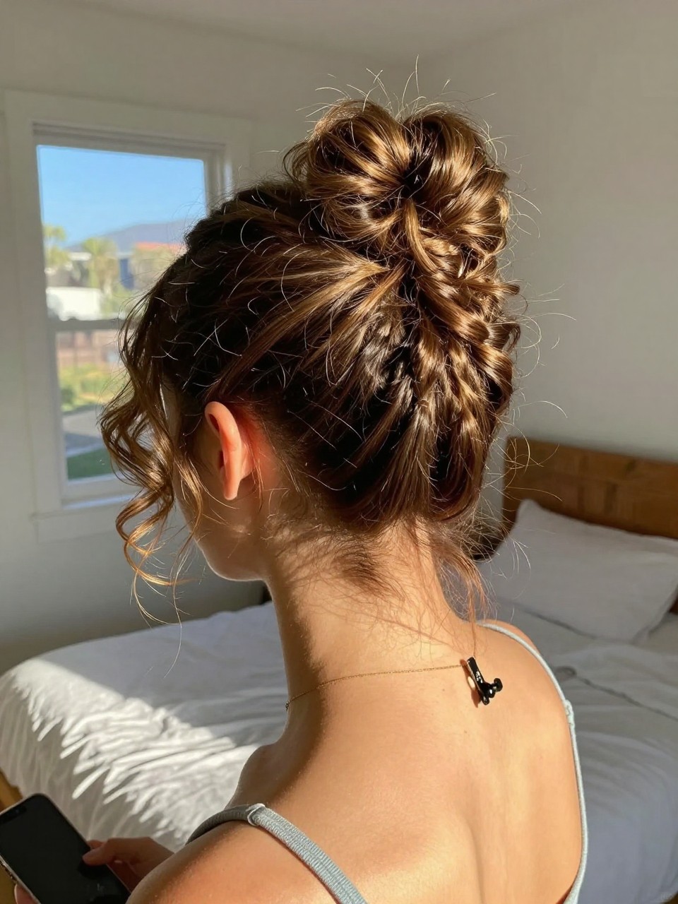 Photo of a woman wearing a half-up curly knot, back-of-head view showing the knot at the crown, setting is a sun-drenched bedroom with natural window light, containing a small hair clip clipped to her collar, iPhone photo quality.