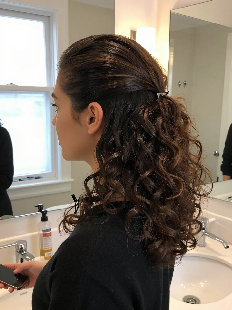Photo of a woman wearing a half-up slick back, side profile view showing the contrast between slicked top and loose curls, setting is a bathroom vanity mirror with natural window light, containing a hair clip clipped to her collar, iPhone photo quality.