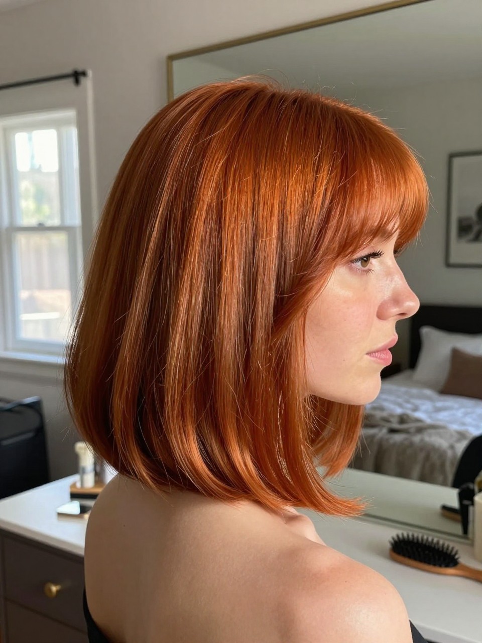 Photo of a white redhead woman wearing a jaw-length French bob with softly textured ends and one side tucked behind the ear, with the haircut fully visible and clearly defined, shot from a three-quarter angle, in a sunlit bedroom mirror, with natural window light, showing the haircut shape, layers, ends, bangs, and texture clearly, including a hairbrush on the vanity, latest iPhone photo quality.