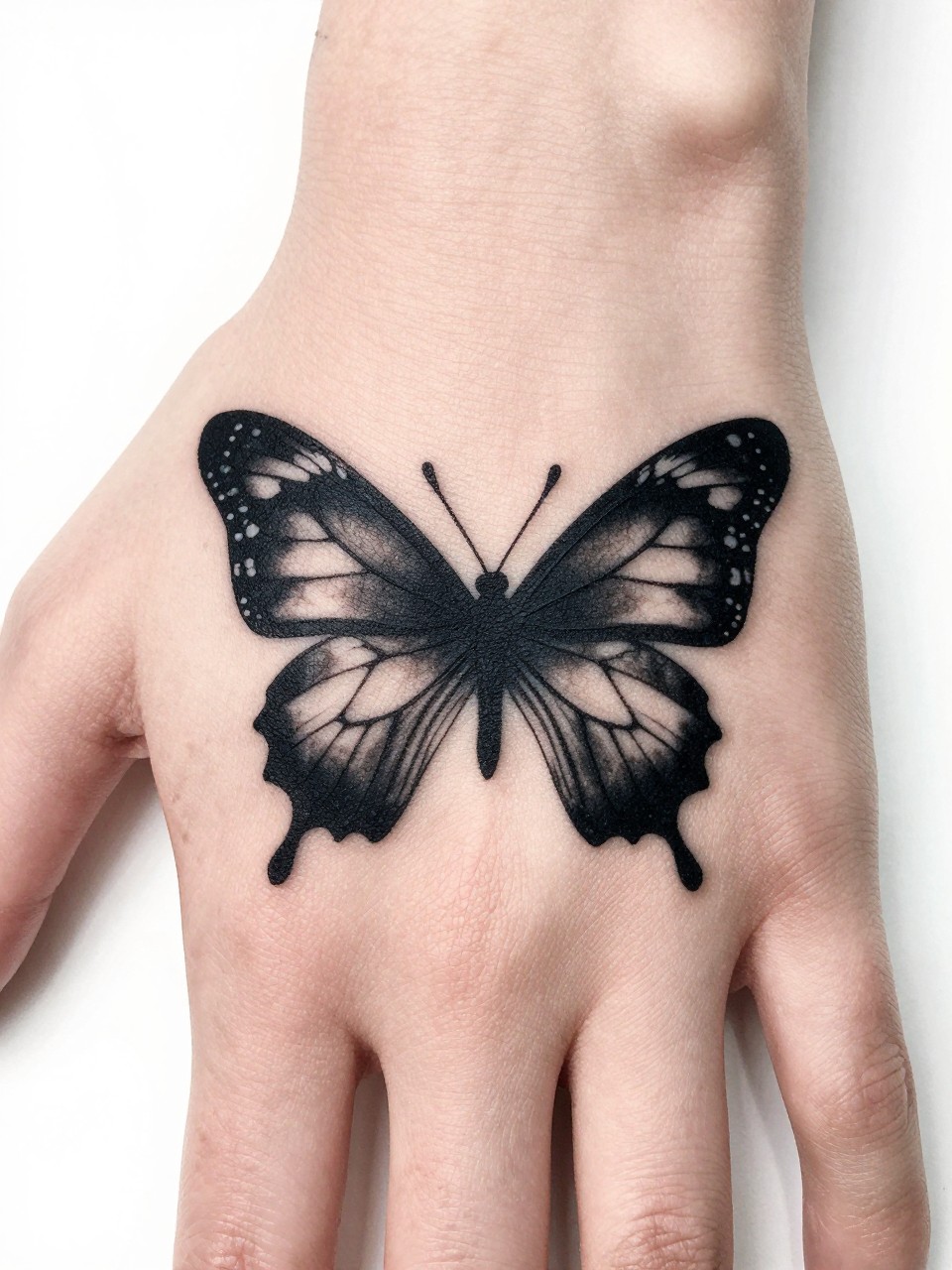 "Macro photograph of the back of a hand with a solid black ink shape. Inside it, negative space reveals a detailed butterfly silhouette tattoo. The hand is against a stark white background for high contrast."