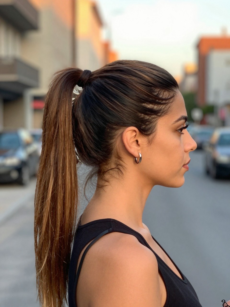 Photo of a woman wearing a sleek high ponytail with a wrapped base on long hair, side profile view, setting in a softly blurred city street background, lighting golden hour glow, containing a small lived-in detail such as statement earrings peeking through and a scrunchie on the wrist, latest iPhone photo quality.