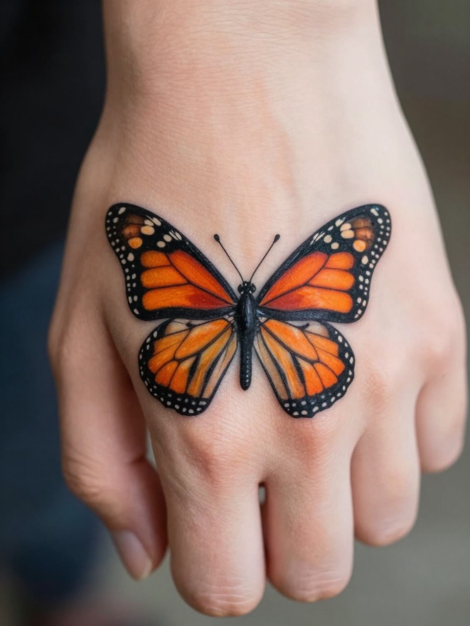 "Macro photograph of a ring finger tattoo, with a vibrant monarch butterfly tattoo in black ink wrapped around it. The orange wings are vivid against the skin. The hand is lightly curled, showcasing the wrap-around effect."