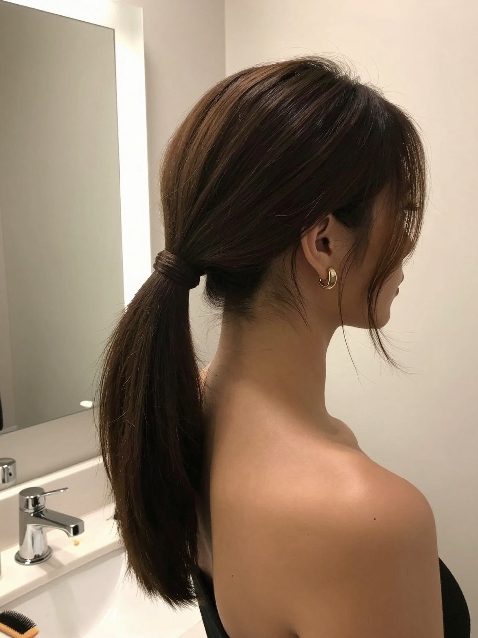 Photo of a woman wearing a sleek low ponytail with a wrapped base on medium-length hair, side profile view, setting in a bathroom vanity mirror, lighting soft indoor lighting, containing a small lived-in detail such as a comb on the counter and statement earrings peeking through, latest iPhone photo quality.