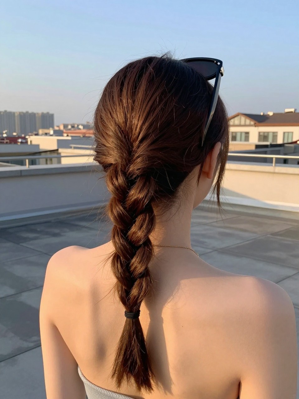 Photo of a woman wearing a half-up fishtail braid, back-of-head view, setting is a rooftop, lighting is golden hour, containing sunglasses on her head, iPhone photo quality.