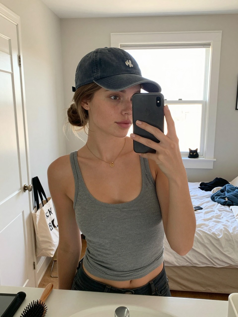 Photo of a white woman wearing a low bun under a casual baseball cap, candid mirror selfie, setting in a sun-drenched bedroom, lighting natural window light, containing a small lived-in detail such as a tote bag by the door and a hairbrush on the vanity, latest iPhone photo quality.