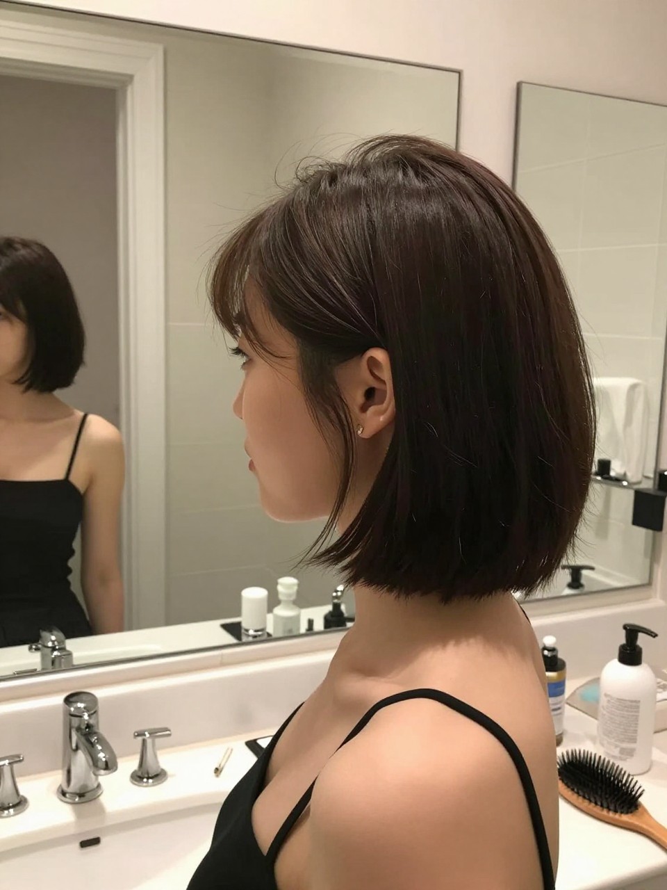 Photo of a woman wearing a sleek middle-part short bob pinned back behind both ears, side profile view, setting in a bathroom vanity mirror, lighting soft indoor lighting, containing a small lived-in detail such as bobby pins on the counter and a hairbrush on the vanity, latest iPhone photo quality.