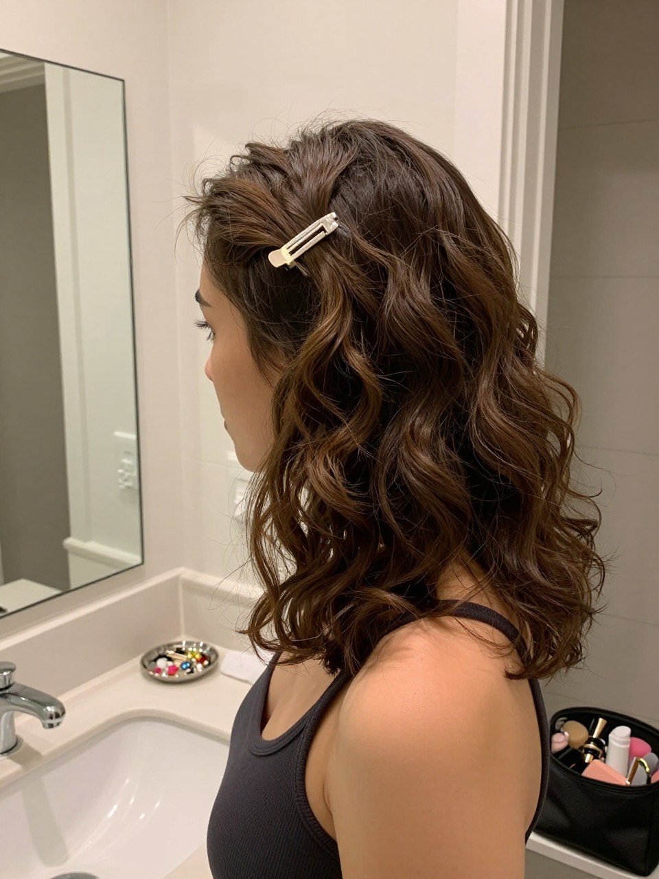 Photo of a woman wearing side-swept waves with a decorative clip on medium-length hair, side profile view, setting in a bathroom vanity mirror, lighting soft indoor lighting, containing a small lived-in detail such as a jewelry dish on the counter and a makeup bag nearby, latest iPhone photo quality.