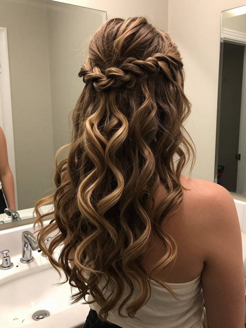 Photo of a white woman wearing a braided half-up hairstyle with soft curls down on long hair, back-of-head view, setting in a bathroom vanity mirror, lighting soft indoor lighting, containing a small lived-in detail such as mini elastics on the counter and bobby pins nearby, latest iPhone photo quality.