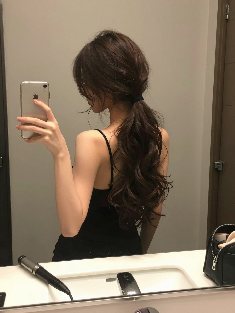 Photo of a woman wearing a low ponytail with soft face-framing curls on long hair, candid mirror selfie, setting in a bathroom vanity mirror, lighting soft indoor lighting, containing a small lived-in detail such as a curling iron on the counter and a makeup bag nearby, latest iPhone photo quality.