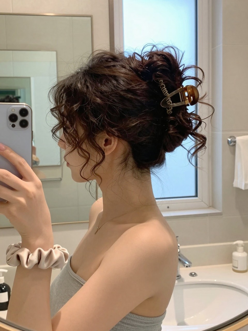 Photo of a woman wearing a curly claw clip updo, side profile mirror selfie showing the clip holding twisted curls, setting is a bathroom vanity mirror with natural window light, containing a silk scrunchie on her wrist, iPhone photo quality.