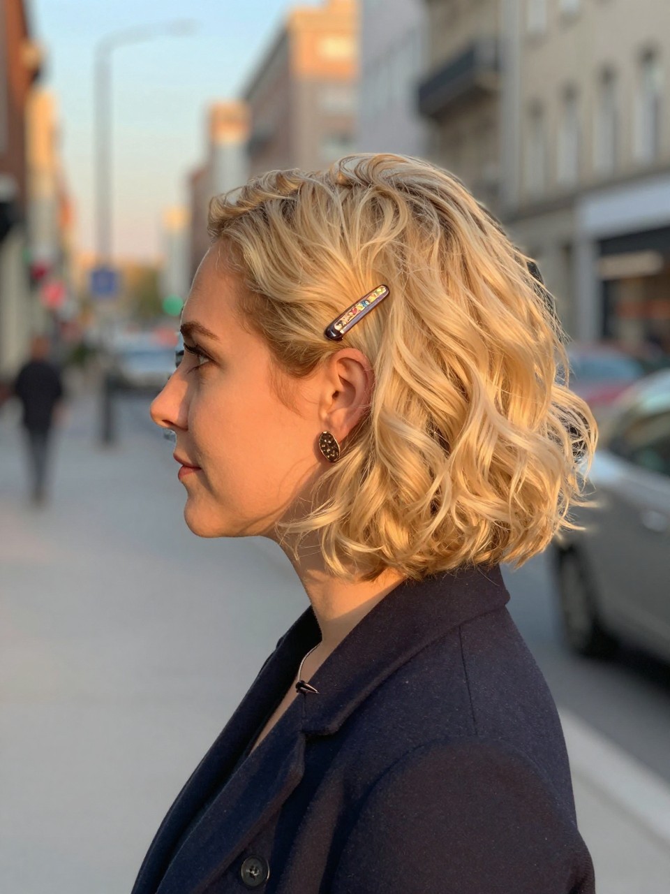 Photo of a BLONDE woman wearing a softly curled short bob with a decorative side barrette, side profile view, setting in a softly blurred city street background, lighting golden hour glow, containing a small lived-in detail such as a hair clip clipped to the collar and statement earrings peeking through, latest iPhone photo quality.