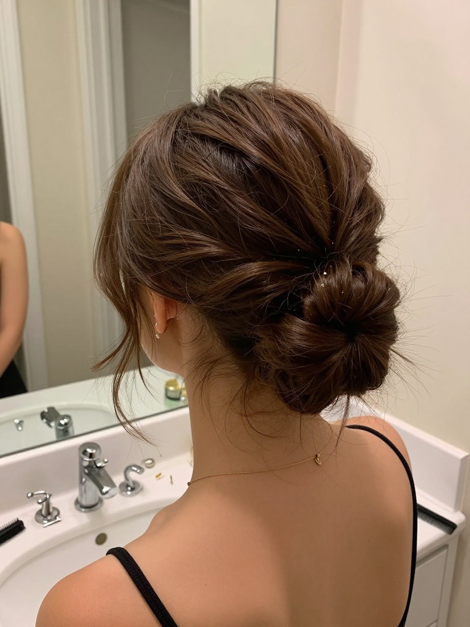 Photo of a woman wearing a French twist updo on medium-length hair, back-of-head view to show twist detail, setting in a bathroom vanity mirror, lighting soft indoor lighting, containing a small lived-in detail such as U-pins on the counter and a fine-tooth comb nearby, latest iPhone photo quality.
