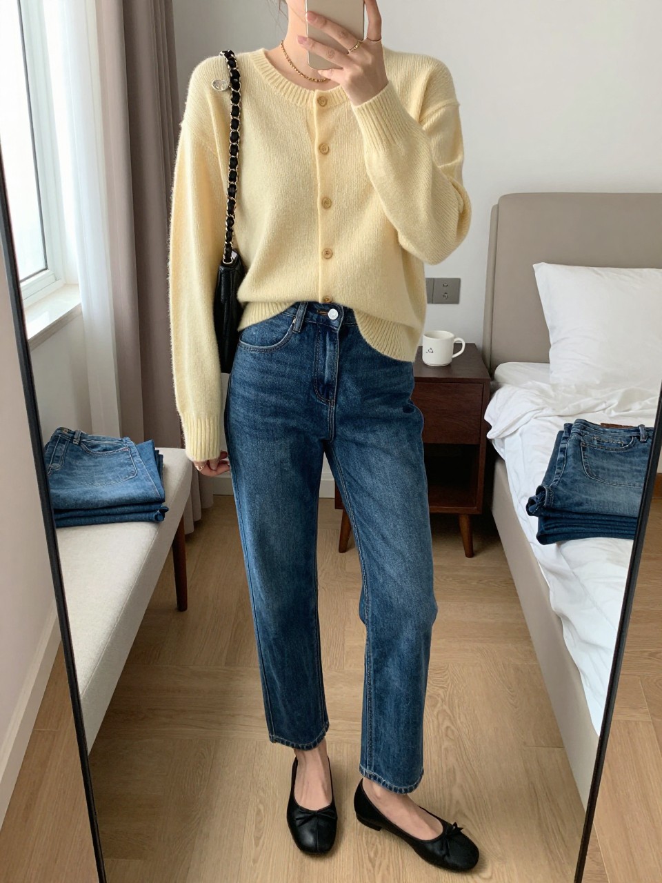 mirror selfie of a woman wearing the exact outfit described above, clearly showing a butter yellow lightweight knit cardigan, dark blue straight-leg denim jeans, black cap-toe ballet flats, a black quilted shoulder bag, and a fine gold chain necklace, holding a phone in front of a mirror, cropped at NECK so the face does not show, with a relaxed casual selfie pose, in a cozy bedroom mirror setup, natural window light, including coffee mug on a bedside table and folded denim jeans on a bench, latest iPhone photo quality. (no watermarks on images)