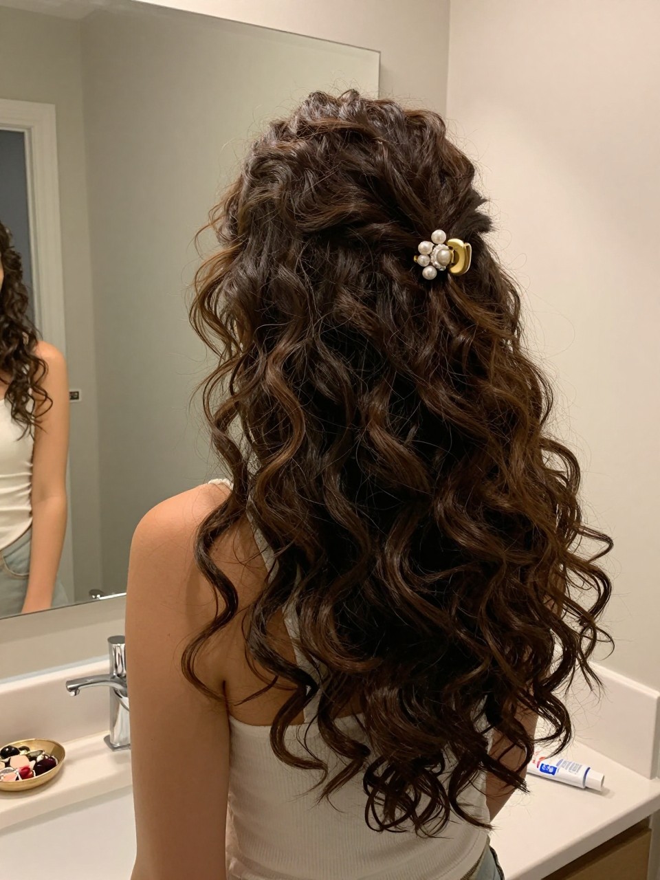 Photo of a woman wearing a curly half-up hairstyle secured with a pearl barrette, back-of-head view to show the clip, setting in a bathroom vanity mirror, lighting soft indoor lighting, containing a small lived-in detail such as a jewelry dish on the counter and a curl cream tube nearby, latest iPhone photo quality.