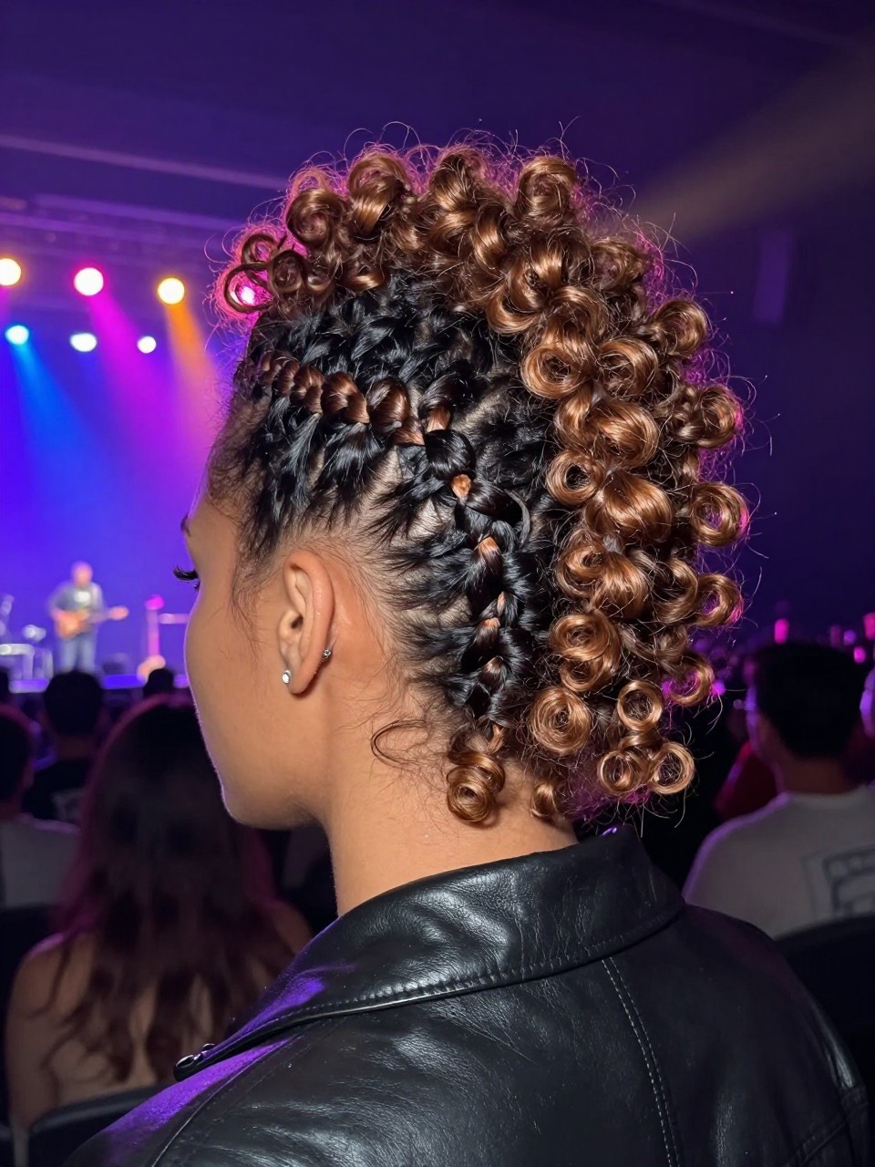 Photo of a woman wearing a braided faux hawk with curls on the sides, back-of-head view, setting is a concert, lighting is colorful stage lights, containing a leather jacket collar, iPhone photo quality.