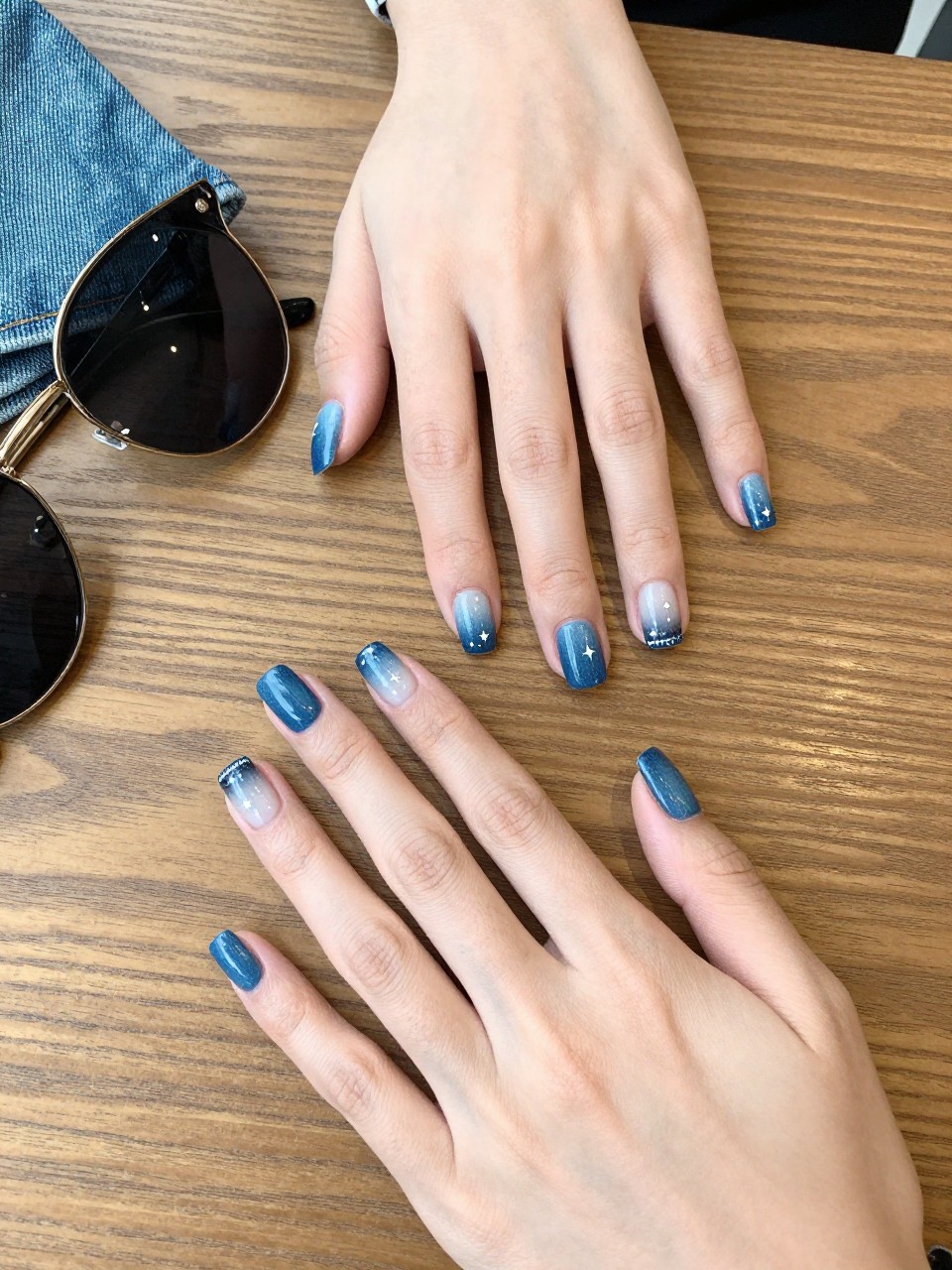 90-degree overhead top-down view of two feminine black hands with square medium nails.
The manicure features a denim blue ombré base with small white star accents near the tips.
Include glossy gel finish.

Hands are posed one hand lightly holding a pair of sunglasses.

Scene set on a wooden café table with a denim jacket nearby.

Bright natural daylight with soft shadows, hyper-realistic lifestyle photography, sharp focus on nails, natural skin texture, realistic hands, no extra fingers.