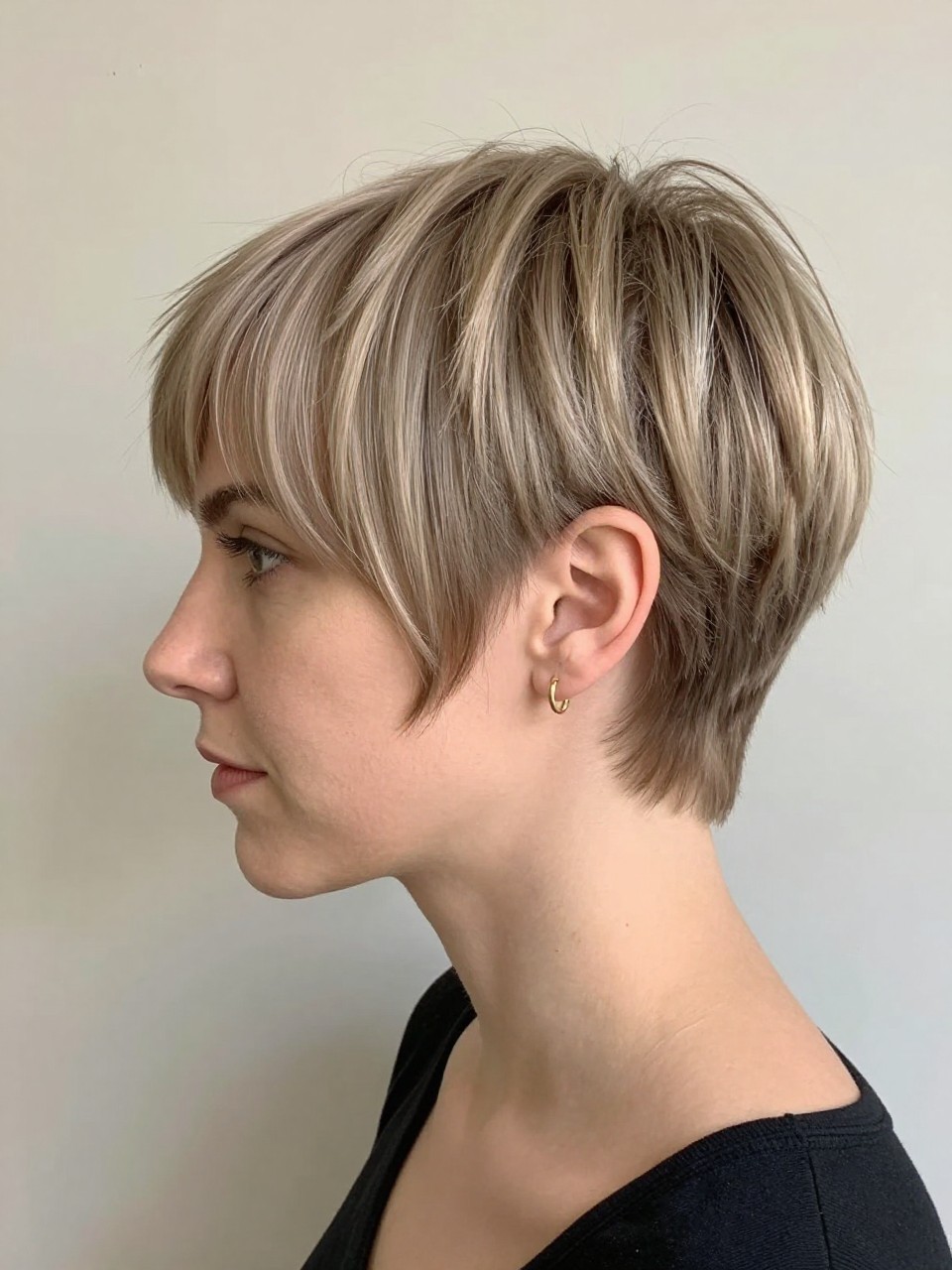 Photo of a white woman wearing an ultra short sleek ear-tuck pixie with closely cropped sides and a smooth short top, with the haircut fully visible and clearly defined, shot from a three-quarter angle, in a soft neutral studio, with soft indoor lighting, showing the haircut shape, layers, ends, bangs, and texture clearly, including simple gold earrings, latest iPhone photo quality.