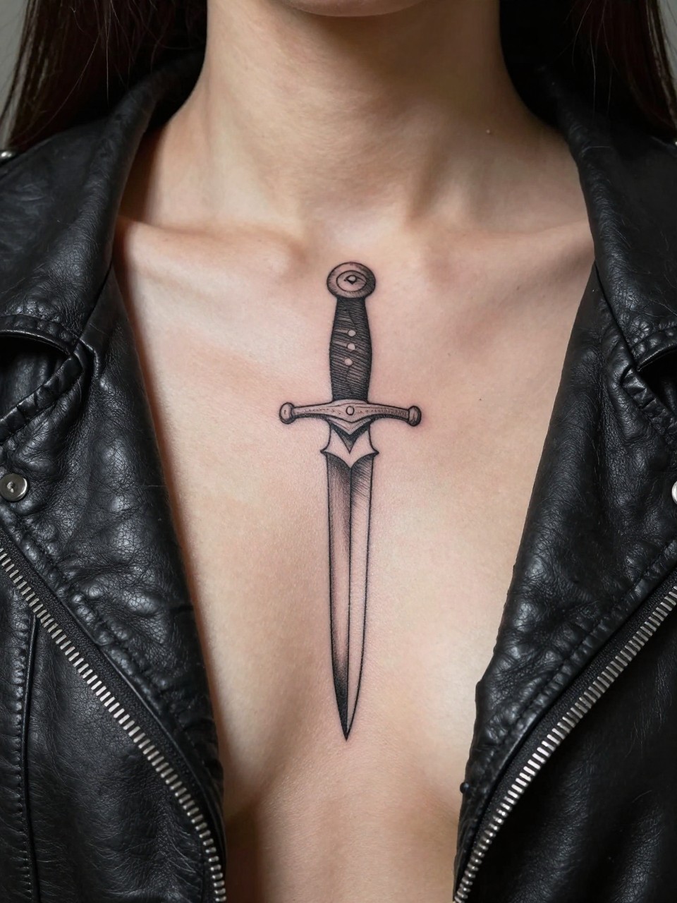 "Close-up of a fine-line dagger tattoo on the middle chest. The clean, sharp lines of the blade are the clear focus. She is wearing a worn-in, soft black leather jacket that is open. The lighting is slightly dramatic but still bright, focusing all attention on the detailed design."
