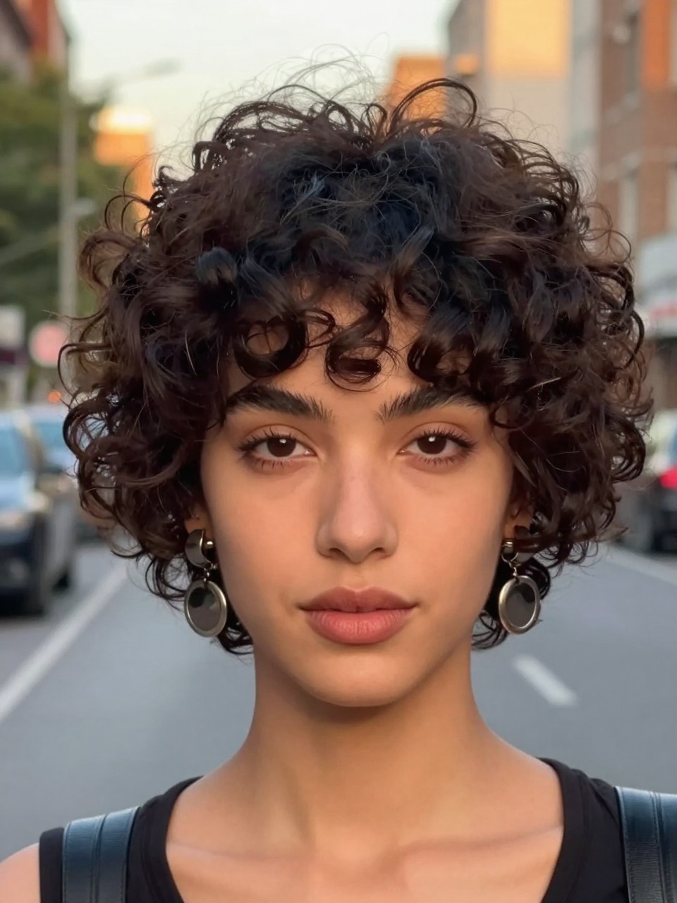 Photo of a woman wearing a curly faux bangs updo, front-facing view showing soft curls sweeping across the forehead, set against a blurred city street background with golden hour light, containing statement earrings visible, latest iPhone photo quality.