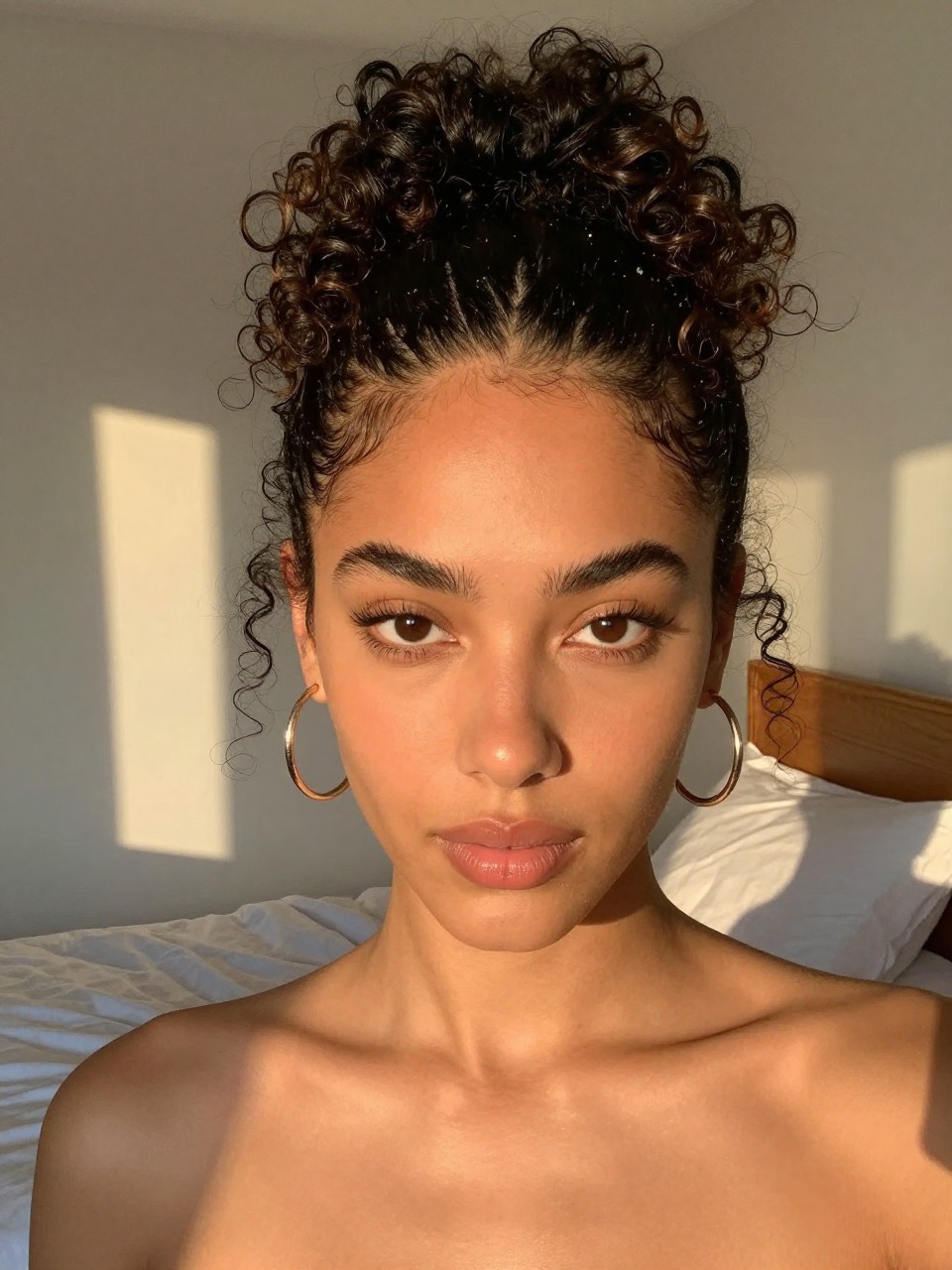 Photo of a woman wearing a curly slick back bun with face-framing pieces, front-facing view showing soft curls around the face, setting is a sun-drenched bedroom with golden hour light, containing a pair of hoop earrings visible, iPhone photo quality.