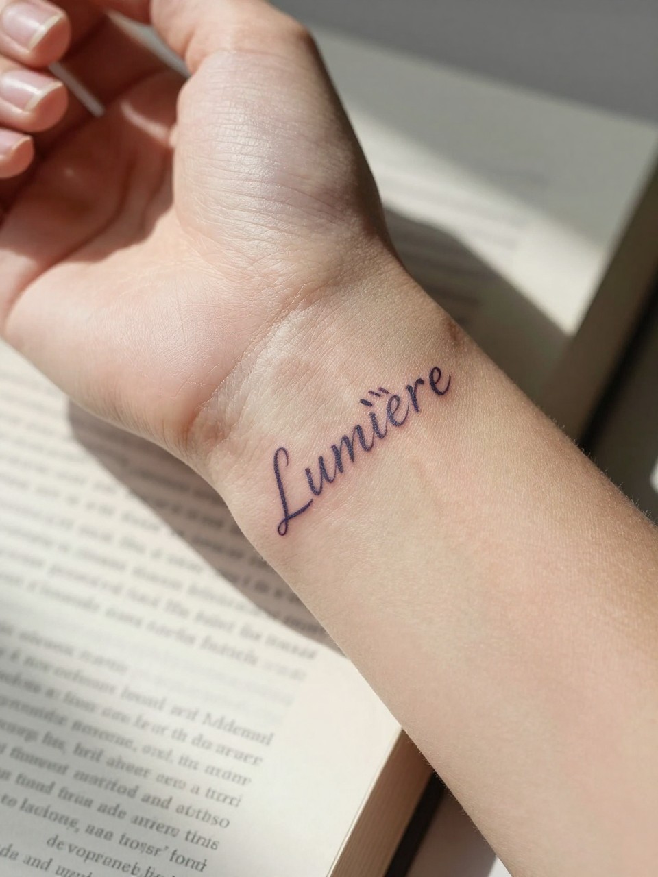 Image Prompt: "Extreme close-up of 'Lumière' tattooed on the inner wrist, the letters thin and light. The hand is casting a soft shadow on a sunlit page of a book. Play of light and shadow."