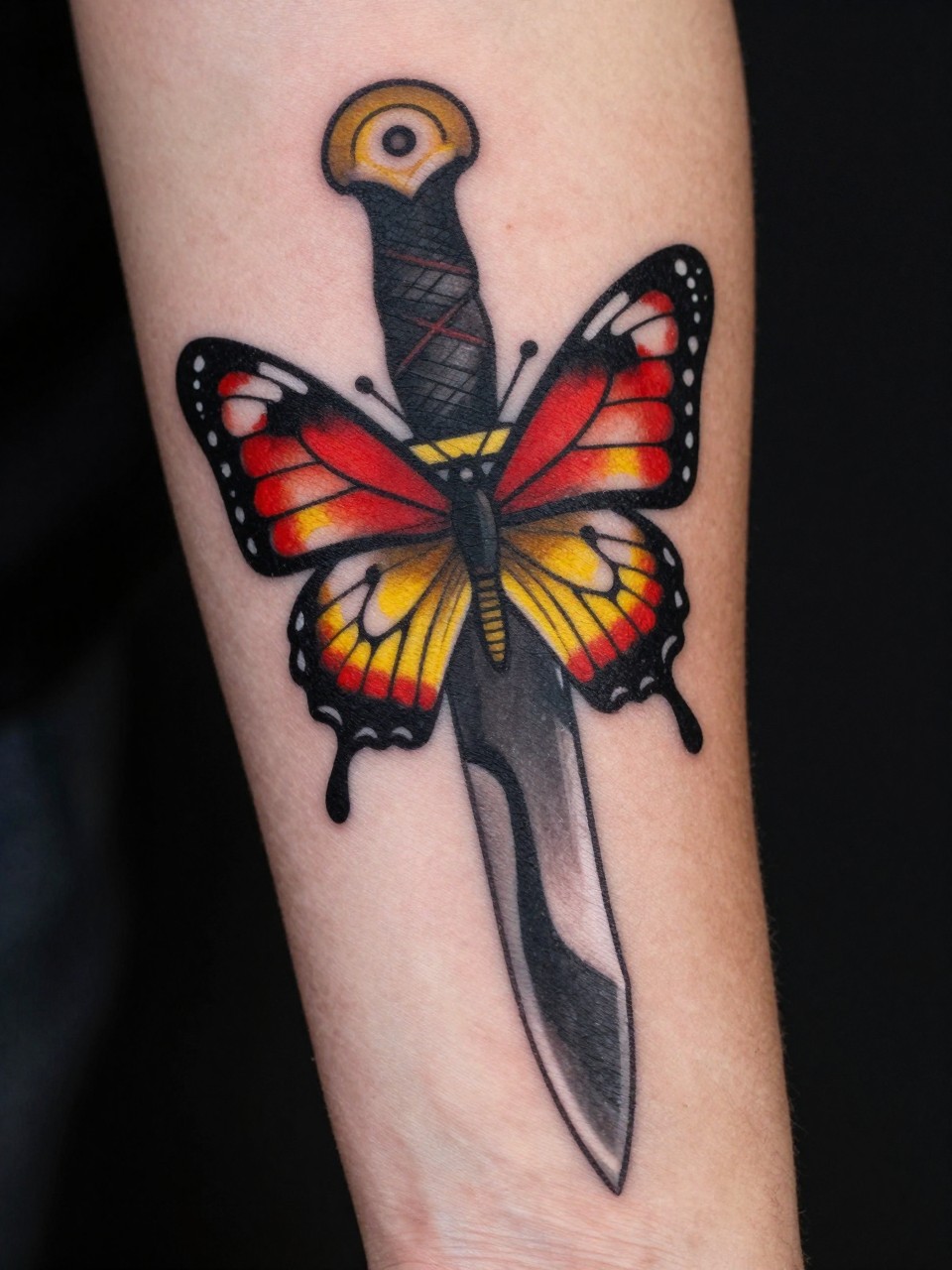  "Forearm close-up: a traditional-style dagger with a bold butterfly impaled on its blade. Rich black outlines, red and yellow accent fills. Timeless and tough."