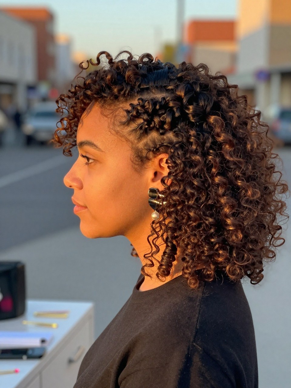 Photo of a woman wearing curly side-swept hair with one side pinned back, side profile view, setting in a softly blurred city street background, lighting golden hour glow, containing a small lived-in detail such as bobby pins on the vanity and statement earrings peeking through, latest iPhone photo quality.