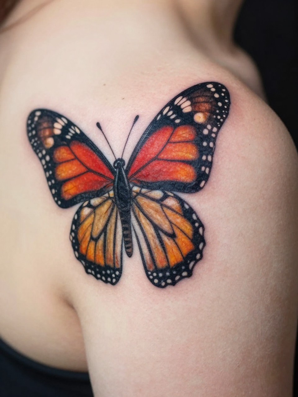  "Macro shot of a shoulder from above, featuring a vibrant monarch tattoo. The wings are fully spread, capturing the iconic pattern. The skin is bare, with the tattoo following the shoulder's natural contour."