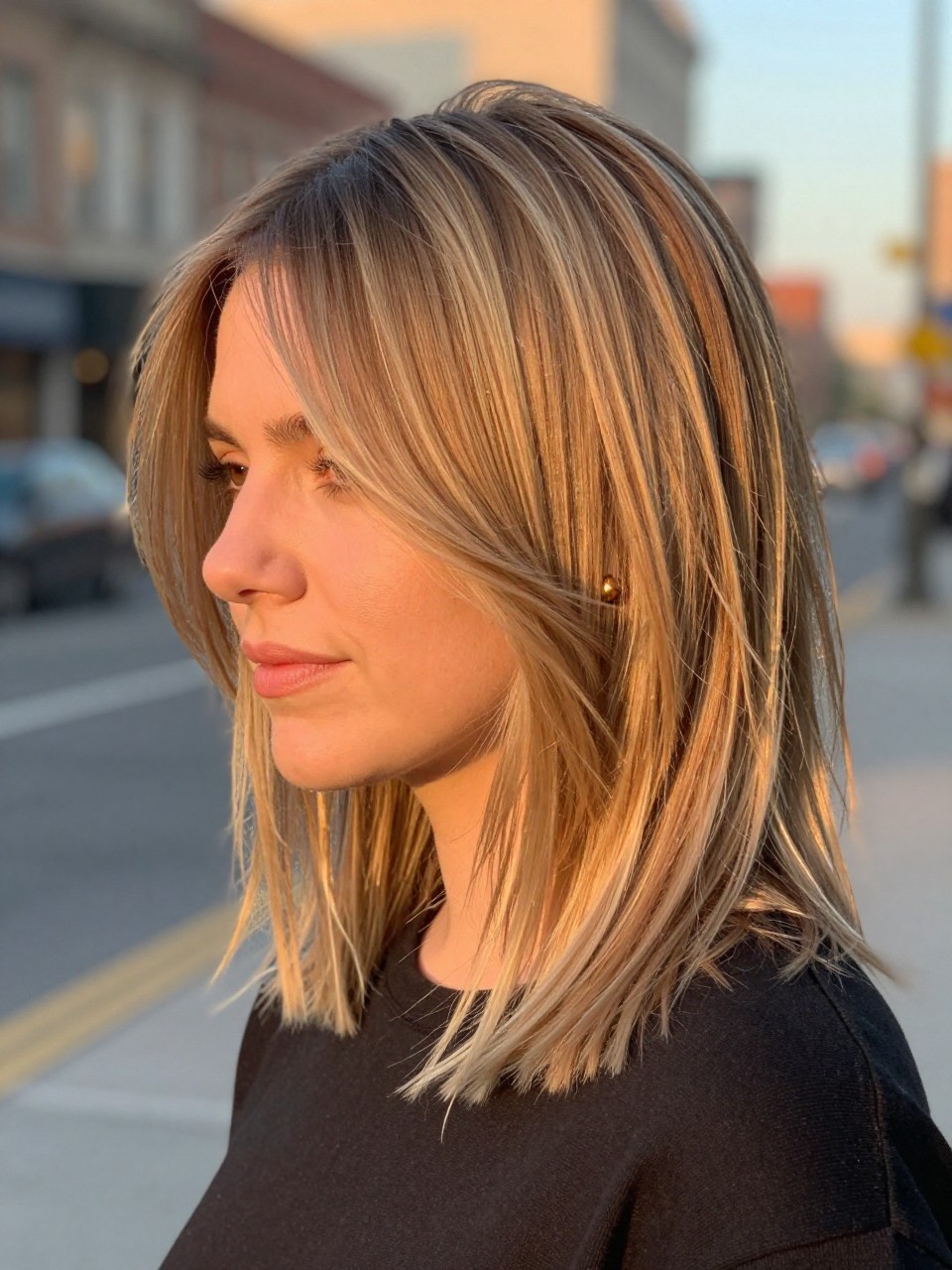 Photo of a white american woman wearing a collarbone-length clavi cut with feathered ends and soft invisible layers, with the haircut fully visible and clearly defined, shot from a three-quarter angle, in a city street background, with golden hour, showing the haircut shape, layers, ends, bangs, and texture clearly, including simple gold earrings, latest iPhone photo quality.