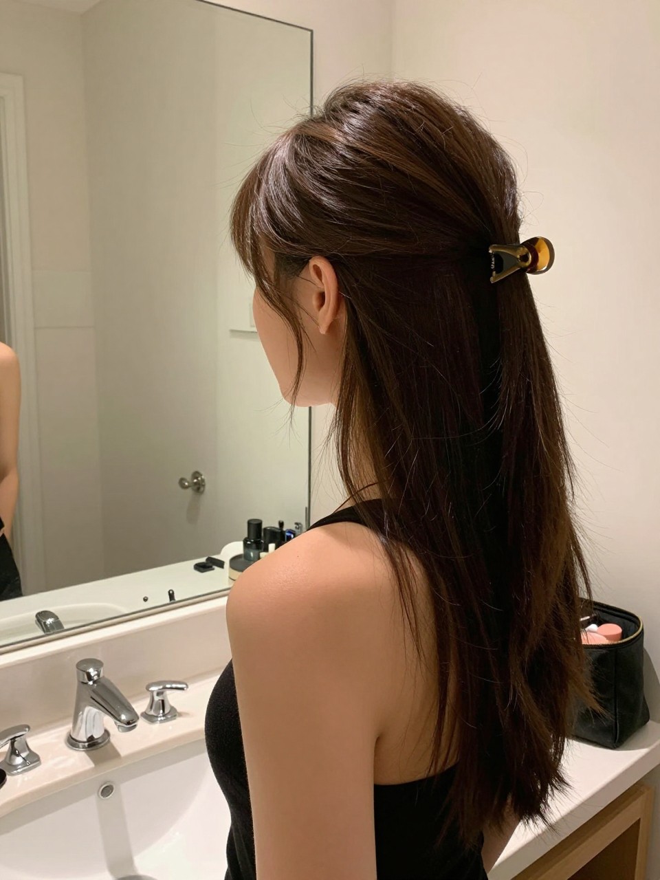 Photo of a woman wearing a sleek half-up style secured with a small claw clip, side profile view, setting in a bathroom vanity mirror, lighting soft indoor lighting, containing a small lived-in detail such as a claw clip on the counter and a makeup bag nearby, latest iPhone photo quality.