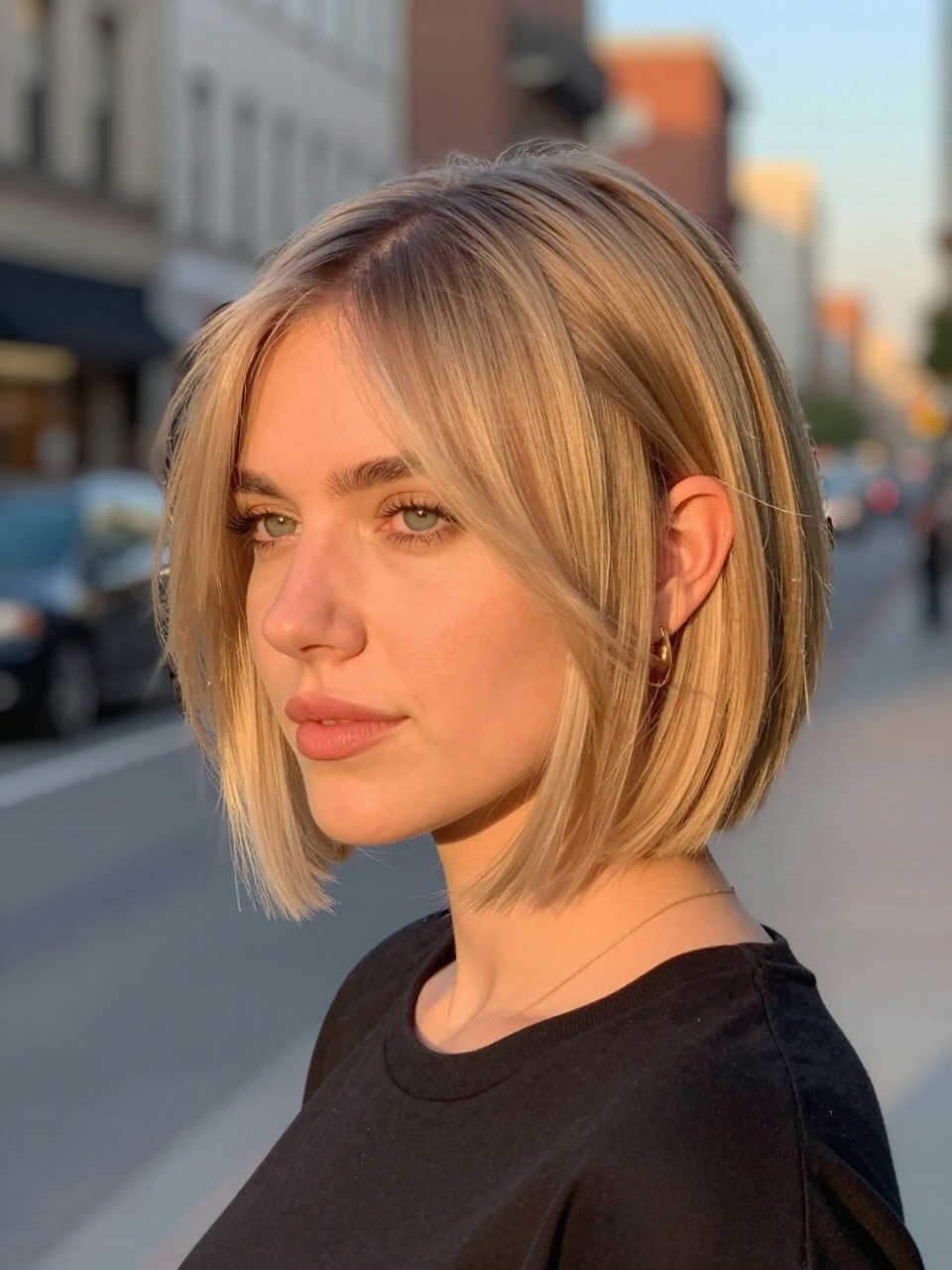 Photo of a white american woman wearing an asymmetrical micro bob with one side slightly longer and clean soft ends, with the haircut fully visible and clearly defined, shot from a three-quarter angle, in a city street background, with golden hour, showing the haircut shape, layers, ends, bangs, and texture clearly, including simple gold earrings, latest iPhone photo quality.