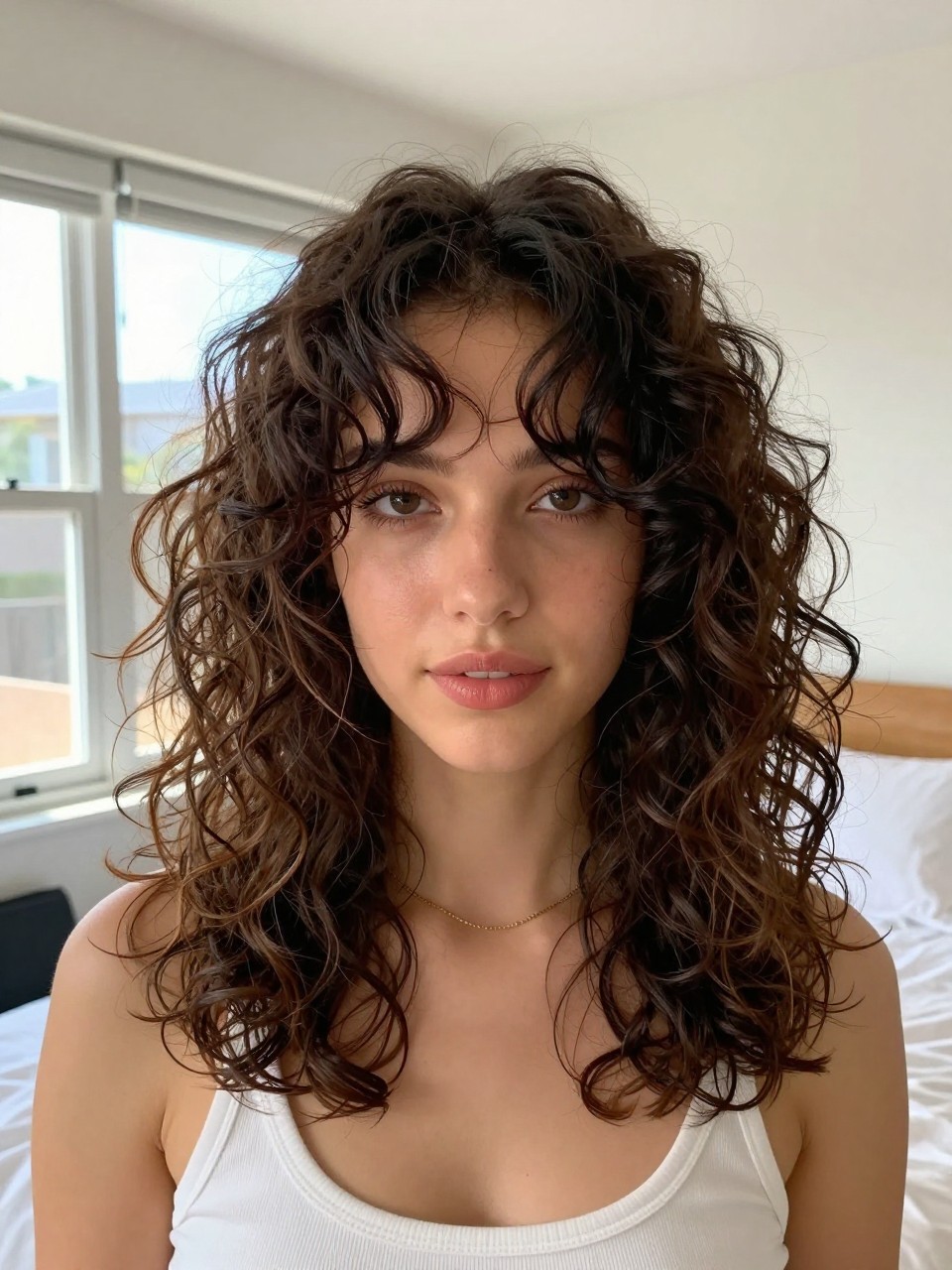 Photo of a woman wearing a layered curly cut with face-framing pieces, front-facing view showing soft layers around the face, setting is a sun-drenched bedroom with natural window light, containing a simple gold necklace visible, latest iPhone photo quality.